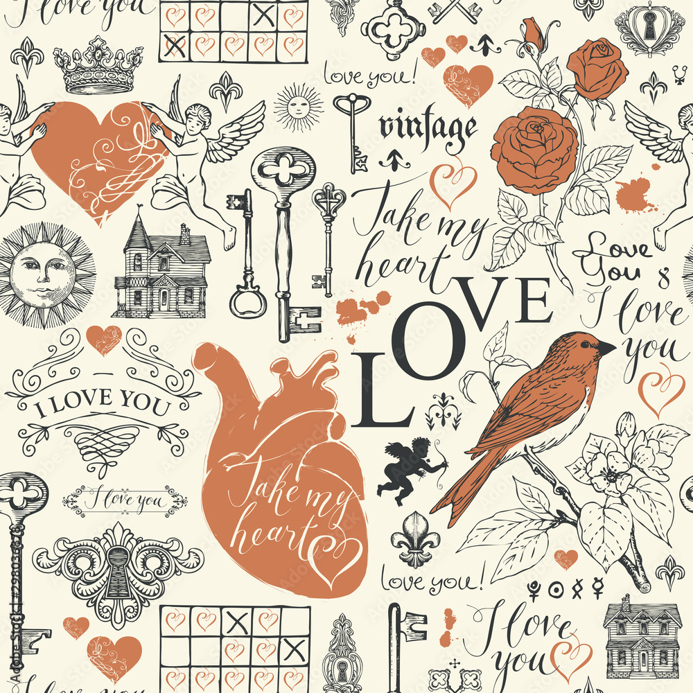 Poster vector seamless pattern on the theme of love and valentine day in retro style. abstract background w