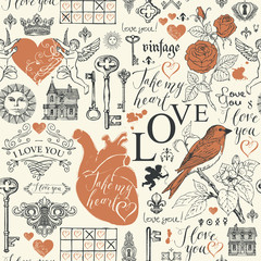 Vector seamless pattern on the theme of love and Valentine day in retro style. Abstract background with hearts, roses, keys, keyholes, cupids and handwritten inscriptions on light backdrop.