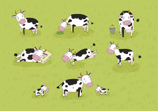 Set with cute cartoon cow. Farm animals