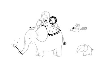 Cute cartoon girl, elephant, monkey and hippo.