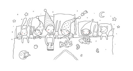 Cute cartoon gnomes sleep in a bed. Funny wood elves. Sleepy kids and toys - Vector