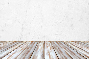 Empty perspective vintage white wood and white cement wall background, room, table top, shelf for product display montage background