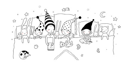 Cute cartoon gnomes sleep in a bed. Funny wood elves. Sleepy kids and toys - Vector