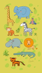 African animals. Cute cartoon lion and tiger, elephant and zebra, monkey and parrot. Fun zoo