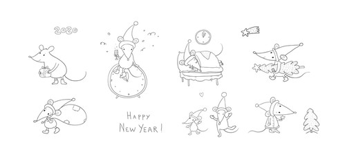 Cute cartoon rats. greeting card. Chinese Zodiac Sign Year of Rat. New Year 2020. Animal cartoon character set. Funny mouse and Christmas tree
