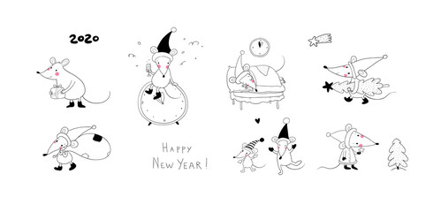 Cute cartoon rats. greeting card. Chinese Zodiac Sign Year of Rat. New Year 2020. Animal cartoon character set. Funny mouse and Christmas tree