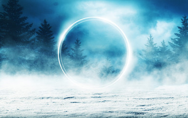 Dark winter forest background at night. Snow, fog, moonlight. Neon figure in the center