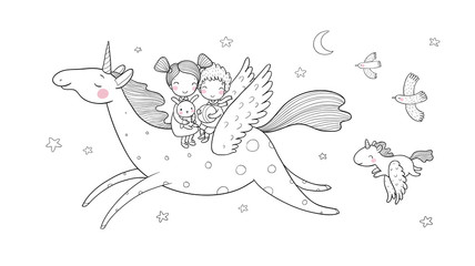 Cute cartoon boy and girl and unicorn. Kids fly on pegasus