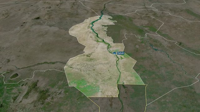 White Nile - state of Sudan with its capital zoomed on the satellite map of the globe. Animation 3D