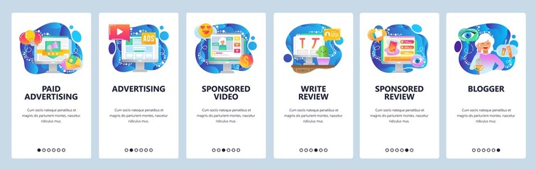 Mobile app onboarding screens. Digital media marketing, online advertisement, sponsored post, blogger. Menu vector banner template for website and mobile development. Web site design flat illustration