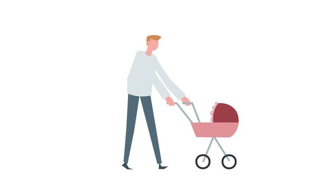 Flat cartoon colorful man character animation. Male walk cycle with baby pram situation