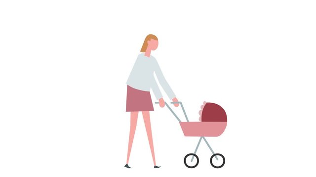 Flat cartoon colorful woman character animation. Girl female walk cycle with baby pram situation