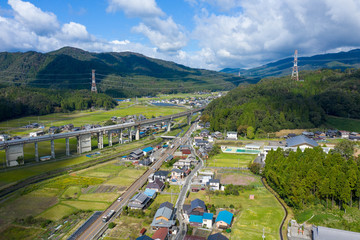 Rural Japan village in Northern Shiga Prefecture Aerial View 