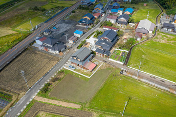 Rural Japanese Homes in Nagahama, Shiga. Aerial View 