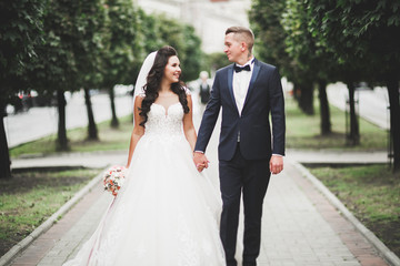 Beautiful bride and groom embracing and kissing on their wedding day