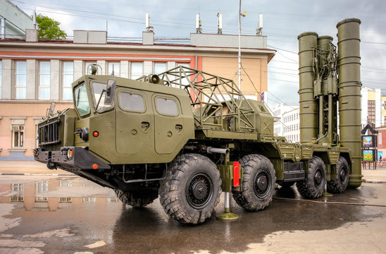 The S-300 is a Russian anti-ballistic missile system at the central square during the parade on Victory Day