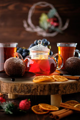 Closeup view of grape and lemon tea with chocolate cake