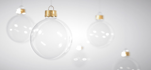 Glass Christmas baubles on white background for winter holiday greeting card. Design Template with...