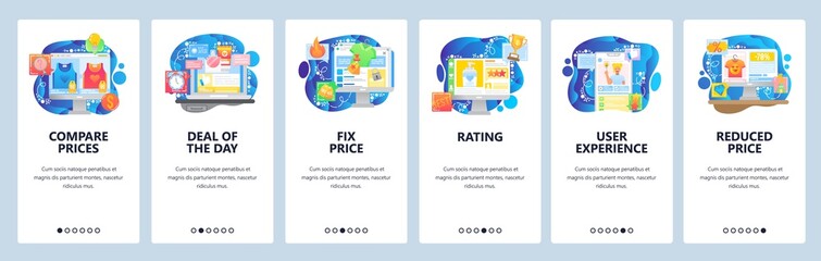 Mobile app onboarding screens. Online store price comparison, deal, video product review, rating, fix price. Menu vector banner template for website and mobile development. Web site flat illustration