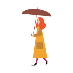 A young stylish girl walks under an umbrella in a bright red coat. Rainy weather, bright clothes.