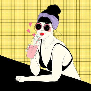 Illustration of woman in bikini drinking cocktail