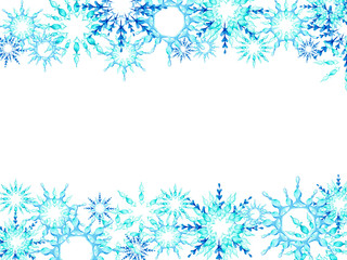 Christmas frame with snowflakes on white background with space for text. Watercolor illustration for postcards, posters and invitations.