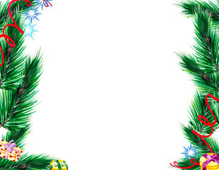 Christmas frame with green fir branches, gifts and snowflakes on white background with space for text. Watercolor illustration for postcards, invitations or holiday posters.
