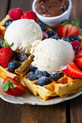 sweet belgian waffles with berries and ice cream