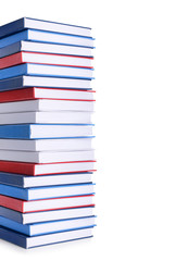 Stack of books on white background
