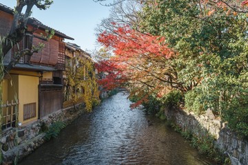 Fototapeta na wymiar Traditional street view in Gion with historical buildings and a river surrounded by red maple leaves, Higashiyama