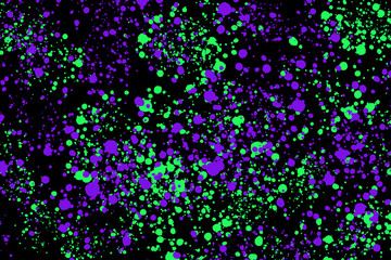 Fototapeta na wymiar Neon green and purple paint splashes on black background. Abstract texture for web-design, digital printing or concept design.