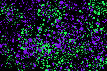 Neon green and purple paint splashes on black background. Abstract texture for web-design, digital printing or concept design.