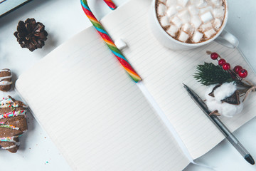 open Notepad with clean sheet, spruce branch, cookie, Lollipop, pen, bump, top view, branch, cotton,