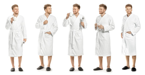 Collage with young man in bathrobe on white background - obrazy, fototapety, plakaty