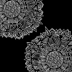 Round ornament, spinning, asian. Bright outline drawn by hand. Mandala on a black background.