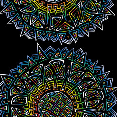 Round ornament, spinning, asian. Bright outline drawn by hand. Mandala on a black background.