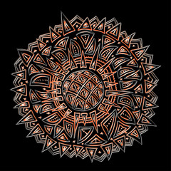 Round ornament, spinning, asian. Bright outline drawn by hand. Mandala on a black background.