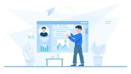 Conceptual illustration of profile editing. Man updating information on his social media profile, flat vector illustration, clip art