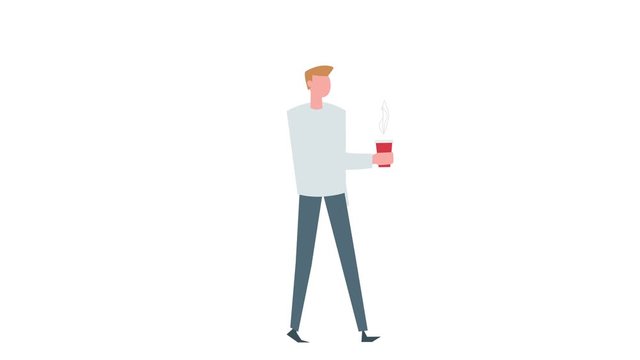 Flat cartoon colorful man character animation. Male walk cycle with cup of coffee situation
