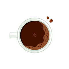 Coffee with foam and lettering on white background. Cup-top view.