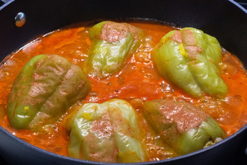 Pepper stewed in a pan. Stewed pepper cooked. The national dish of the eastern people. Tasty food.