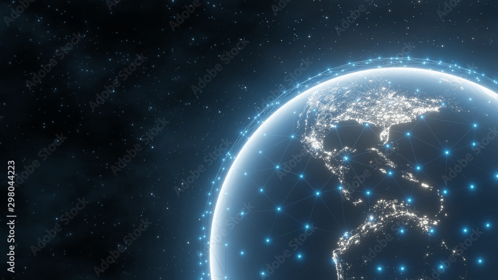 Poster 3d rendering of global connection. glowing planet earth at night surrounding with dots and lines. co