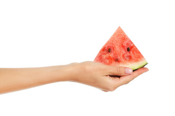Female hand with piece of juicy watermelon on white background