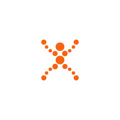 Abstract human figure from orange balls of various sizes, X position, vector logo tamplate. Human health and power symbol, simple silhouette. Abstract Letter X.