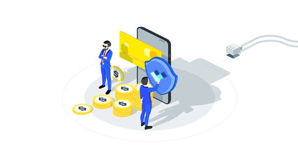 Safe and protected mobile payment online. Isometric conceptual vector illustration