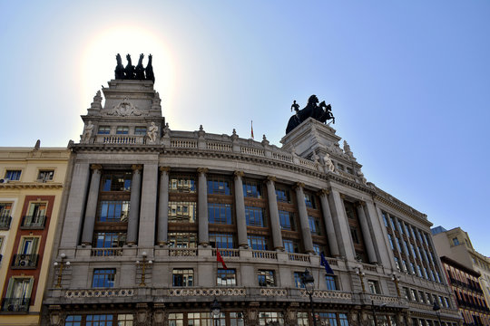 Horses of the quadrigas building on Alcala street in Madrid, Spain. Europe. Previously BBVA Tower or Bank of Bilbao Tower. September 20, 2019