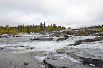 Trappstegsforsen der Kaskaden Wasserfall an der Wildnisstrasse im Herbst .