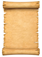Old paper manuscript or papyrus scroll vertically oriented isolated on white background.