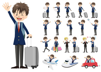 Set of schoolboy traveling