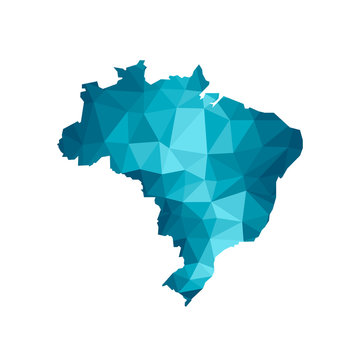 Vector isolated illustration icon with simplified blue silhouette of Brazil map. Polygonal geometric style, triangular shapes. White background